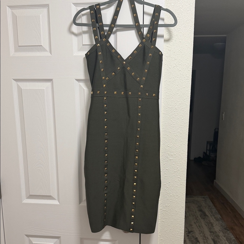 Stud-Trim Olive Green Bodycon Dress BEBE. Never worn.